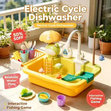 New Kids Kitchen Sink Electric Dishwasher With Running Toy Water Pretend Play Food Fishing Toys Role