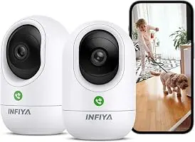 INFIYA 360° PTZ One-Tap Call Indoor Camera 2.4GHz Baby Pet Monitor, 2Pack | 360° PTZ, Intelligent Track, One-Tap Call, 2-Way Talk, 7/24 continuous recording,Work with Alexa & Google Home, 2.4Ghz Only