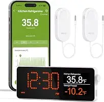 WiFi Freezer Thermometer Alarm with Digital Monitor Hub, App and Email Alerts, 2-Year Data Export, No Subscription Fee, 2 Remote Temperature Sensors for Home Refrigerator, Fridge, Freezer