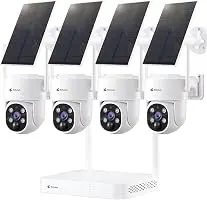 Kittyhok Solar Security Cameras Wireless Outdoor, 360° Pan & Tilt Home Security Camera, No Subscription, 2K Clarity, Color Night Vision, WiFi6 NVR with 64GB microSD Card, Local Storage, 5G & 2.4G WiFi | 4pcs, 5G/2.4G WiFi, 360° Pan/Tilt, Human Detection, Color Night Vision, 10CH WiFi-6 NVR, 60 Days Local Storage, White