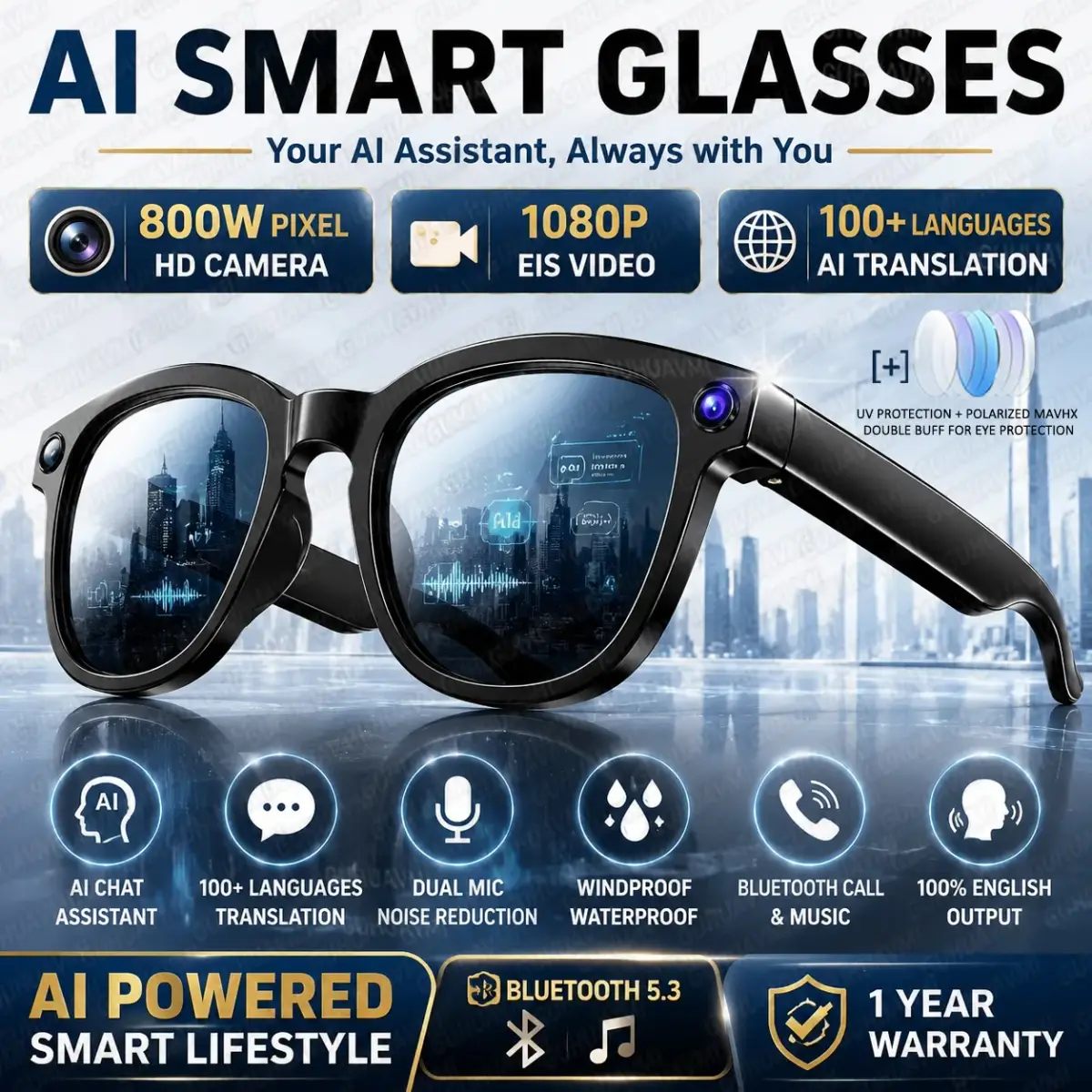 2026 New 8MP 4K Camera AI Glasses Men Photo&Video Caputure 16GB Memory 130+Translation Glasses Water