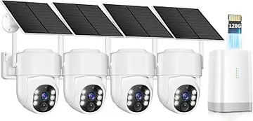 4MP Security Cameras Wireless Outdoor,No Subscription 128GB Local Storage,Solar Powered Cameras For Home Security With 360°PTZ,4 Cam-Kit, Color Night Vision Home Security Camera System,5G & 2.4G,IP66