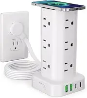 Power Strip Tower with Wireless Charger, Flat Plug Surge Protector Tower with 6FT Extension Cord, 12 AC Multiple Outlets, 4 USB (2 USB C),15W Wireless Charging Power Tower for Home Office Dorm, White